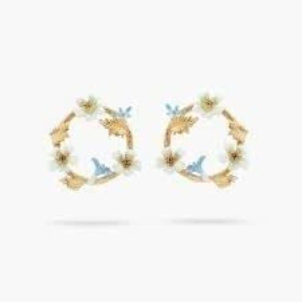 Les Nereides White And Blue Flowers Hoop Stud Earrings